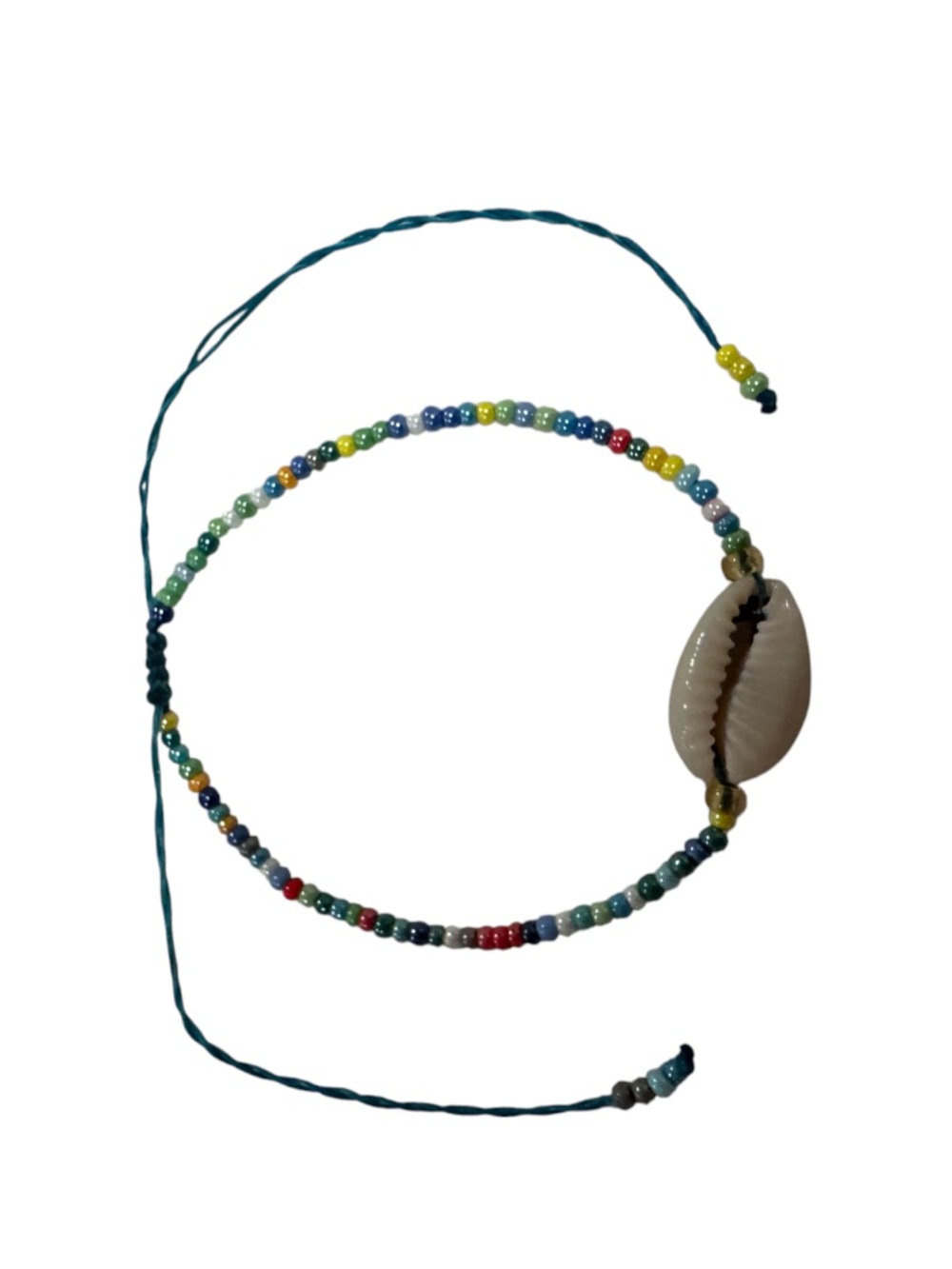 Handmade Multicolor Beaded Shell Bracelet with Teal Cord